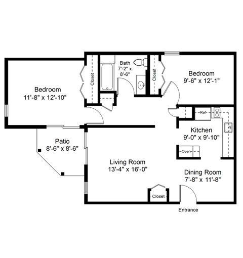 Floor plan for 2 beds, 1 bath, 1000 sqft